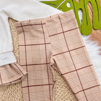 Conj. Casaco de Linho Ursinho de Laço e Calça Legging Xadrez - Areia e Marrom